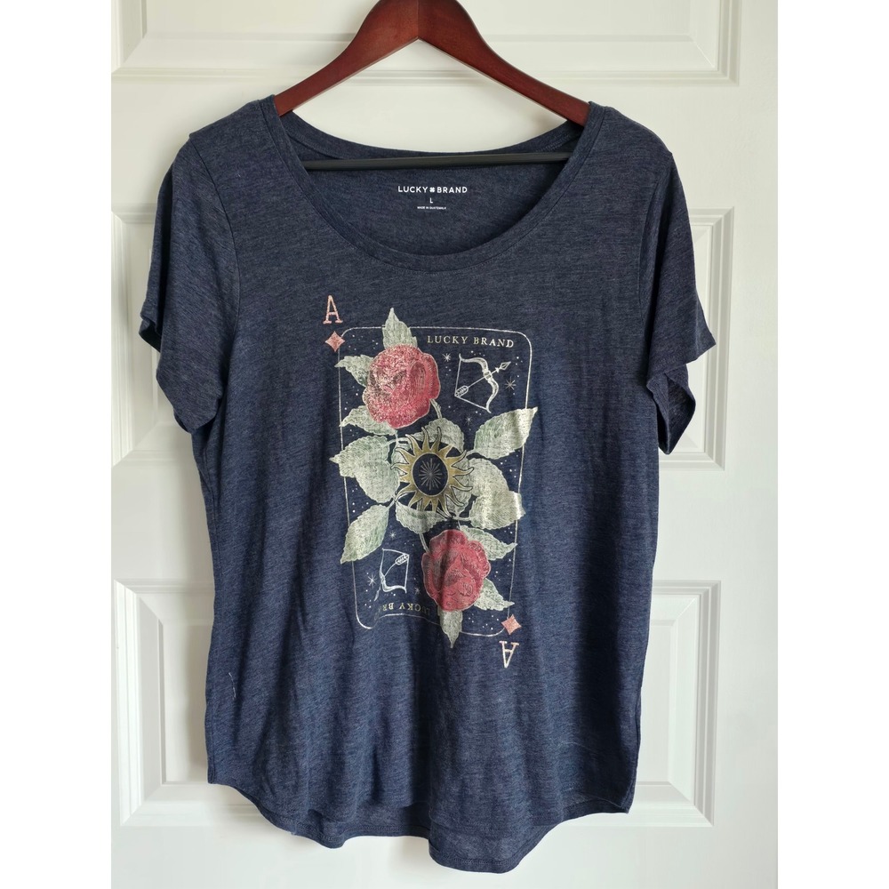 Lucky Brand Navy Blue Ace of Hearts Tarot Rose Graphic Tee Shirt Large